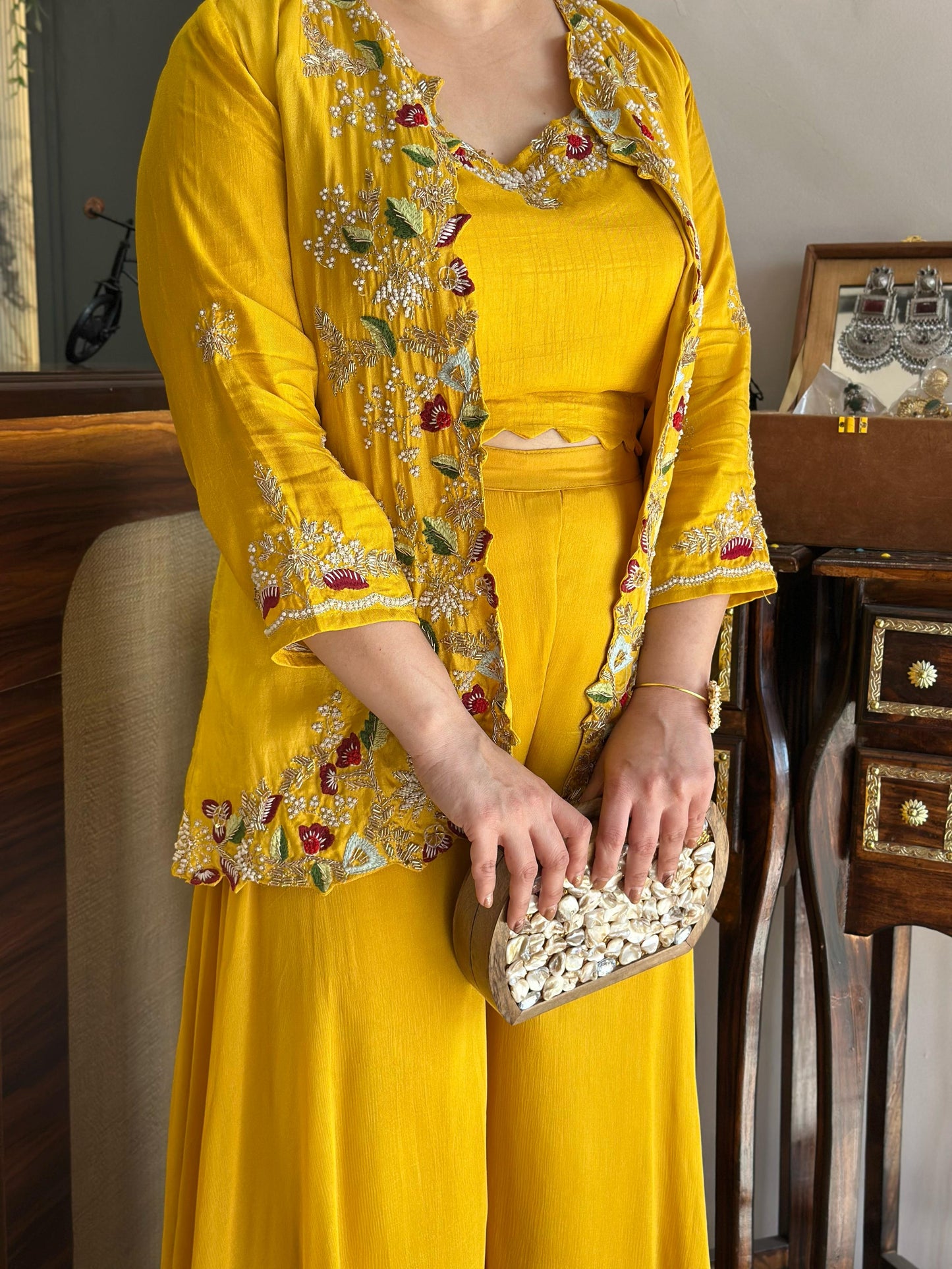 Yellow Embroidered Three Piece Set