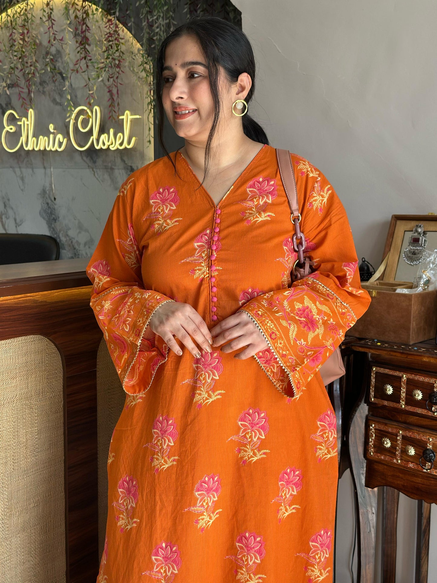 Orange flower print cord set