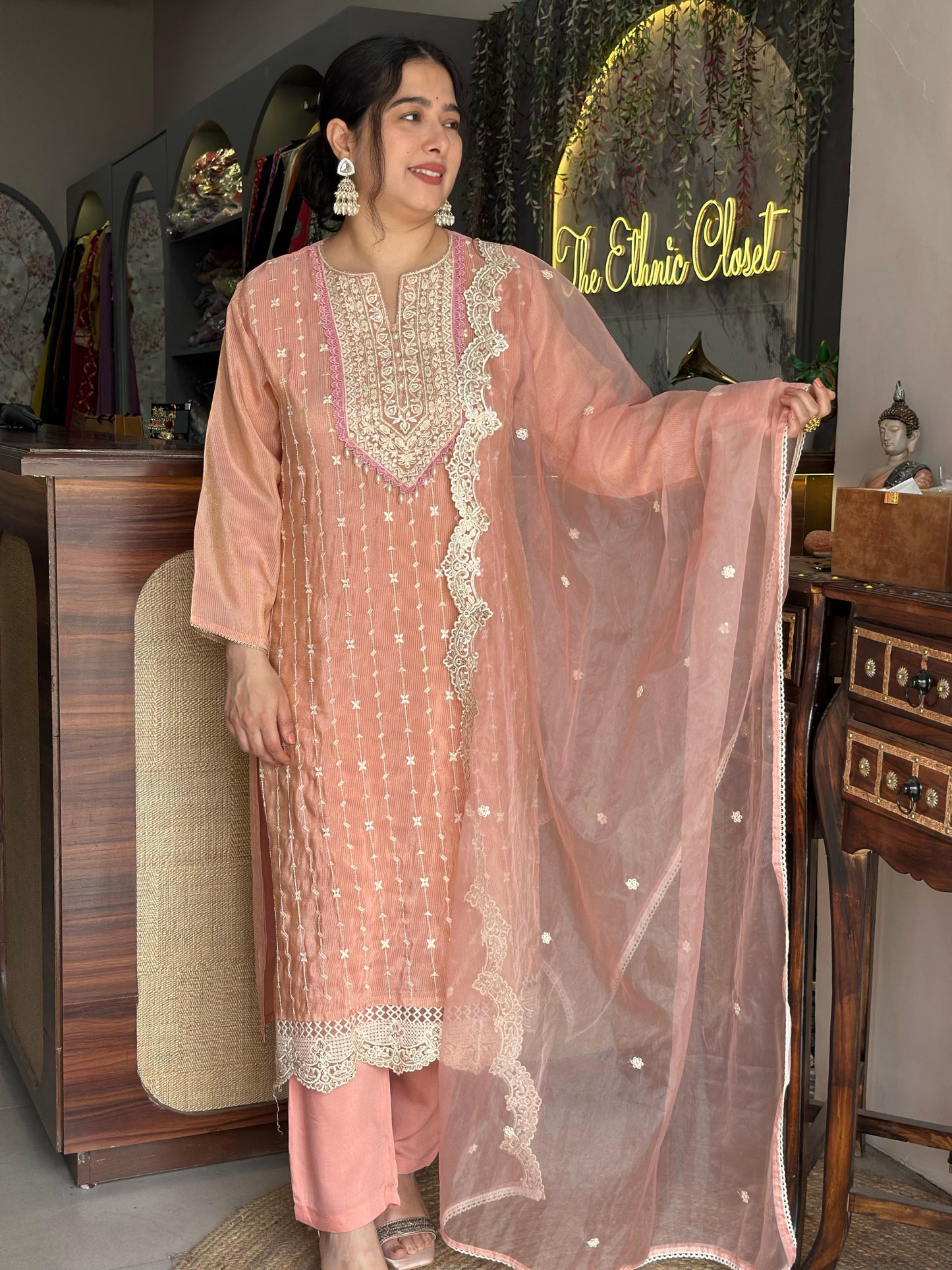 Peach Embroided suit set