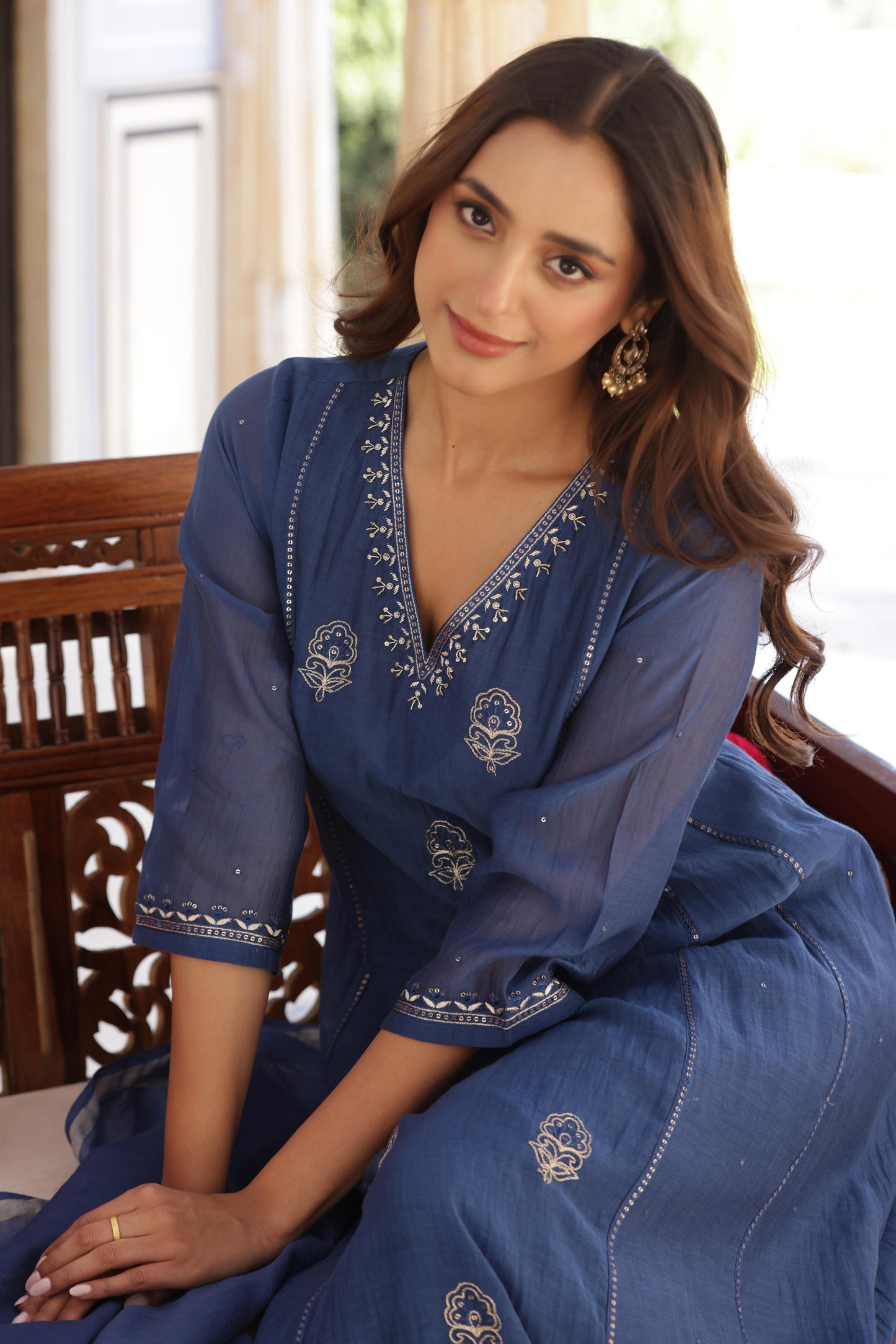 Mull chanderi hand embroidered suit set