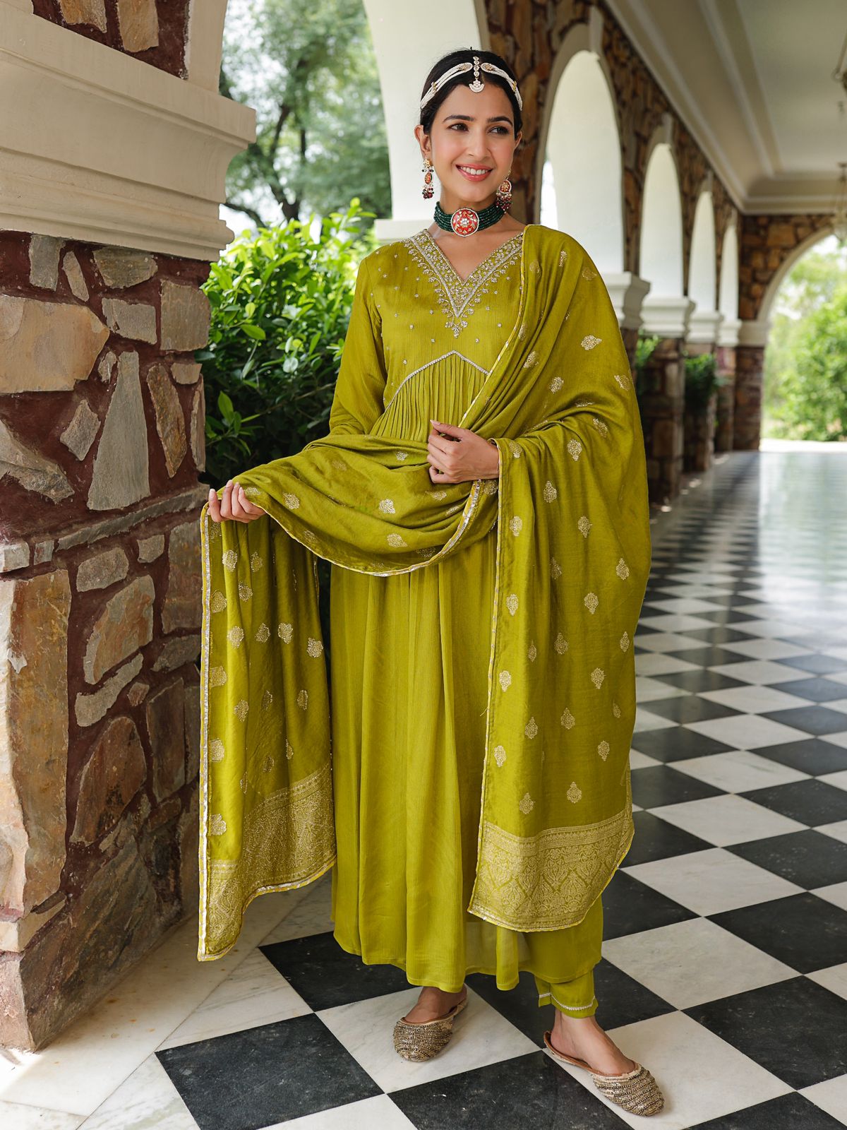 Mehndi green Anarkali with Nayra Neckline