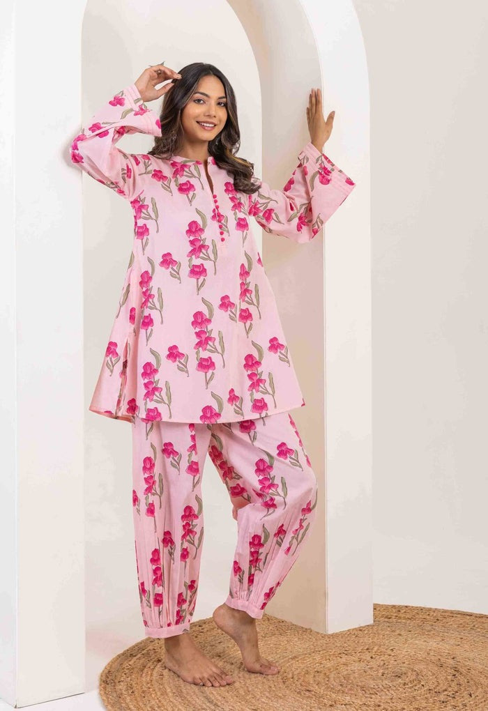 PINK ROSE FLORAL PRINTED CO-ORD SET